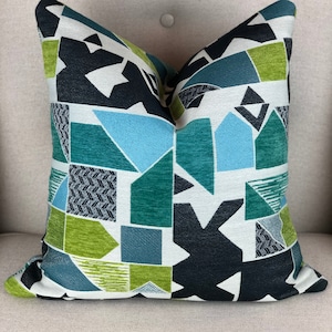 Chenille Geometric Patchwork Multicolor Pillow Cover, Green Blue Black Throw Pillow, Chenille Decorative Home Decor Pillow, Housewares Decor