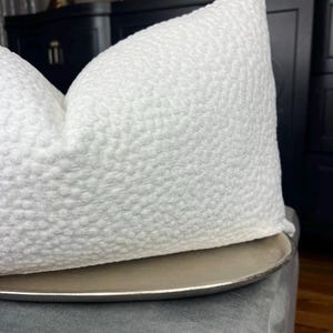 May include: White pillow with a textured, raised dot pattern. The pillow is sitting on a silver tray.