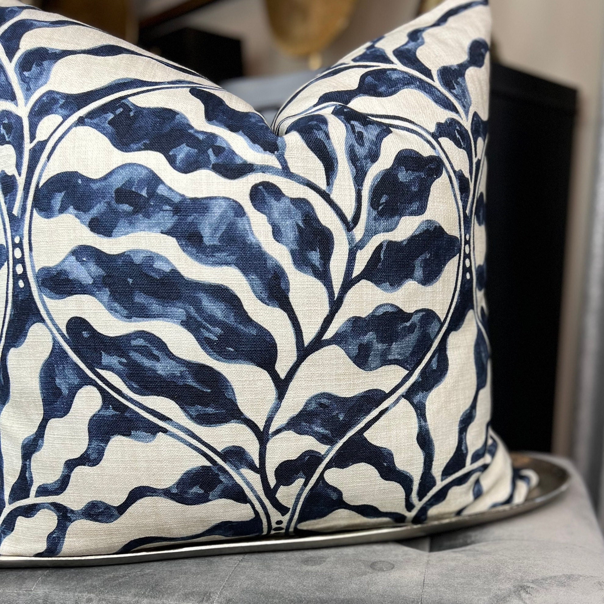 Navy Ogee Leaf Pillow Cover, Floral Decorative Throw Pillow, Home Decor, Housewares Decor, Home & Living, Sofa Pillows