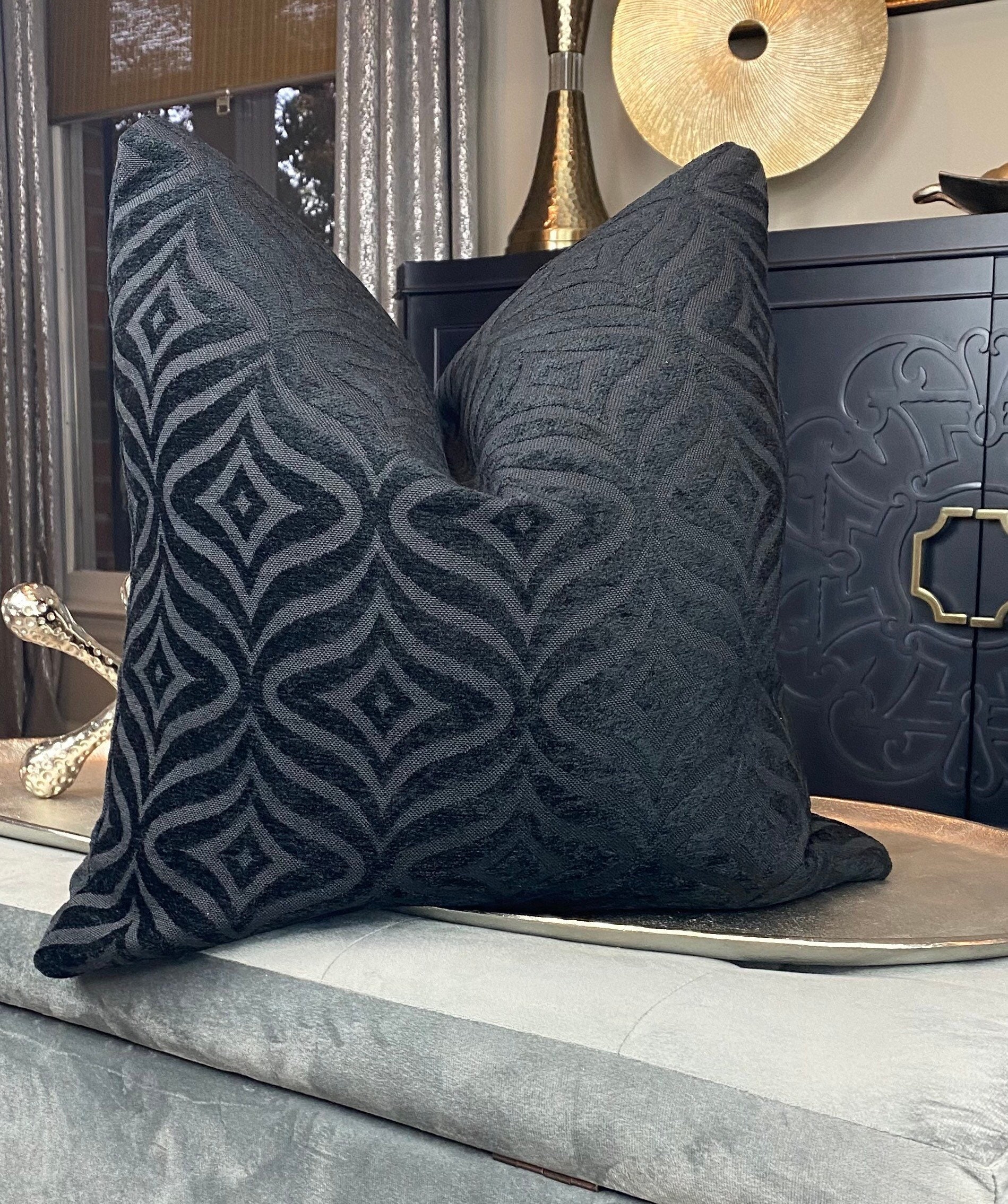 Chenille Ebony Pillow Cover, Decorative Geometric Throw Pillow