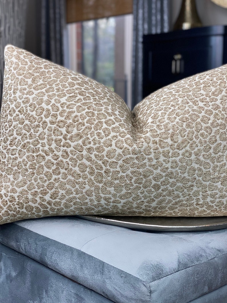 Shades of Beige Chenille Animal Print Throw Pillow Cover, Cheetah Pillows, Lumbar Pillow, Home Decor, Home Living image 1