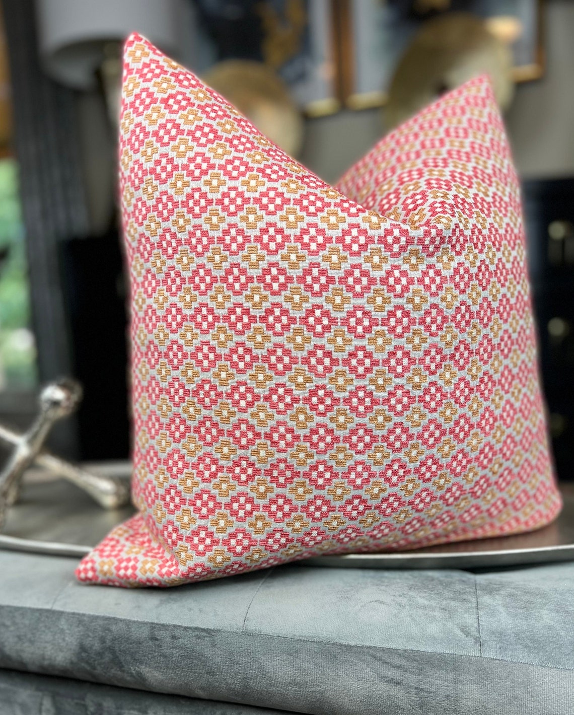 Geometric Pink Gold Chenille Decorative Pillow Cover Gold Etsy