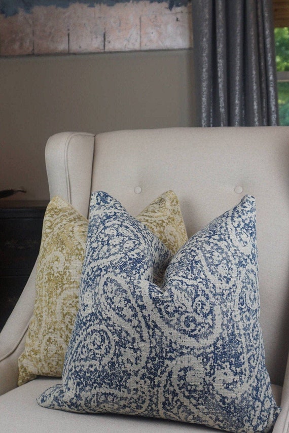 Pillow Cover Blue Paisley Throw Pillow Tan Paisley Pillow Cover