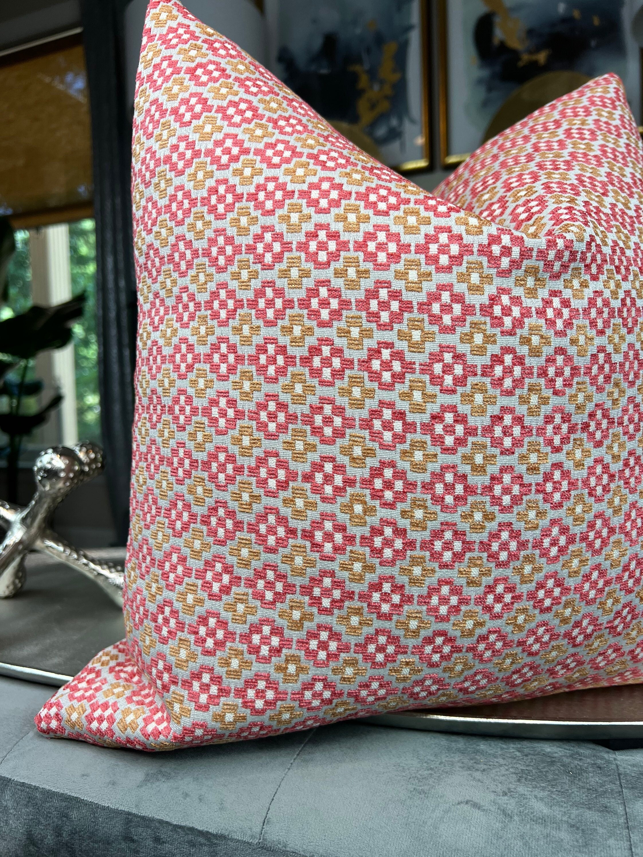 Geometric Pink Gold Chenille Decorative Pillow Cover Gold Etsy