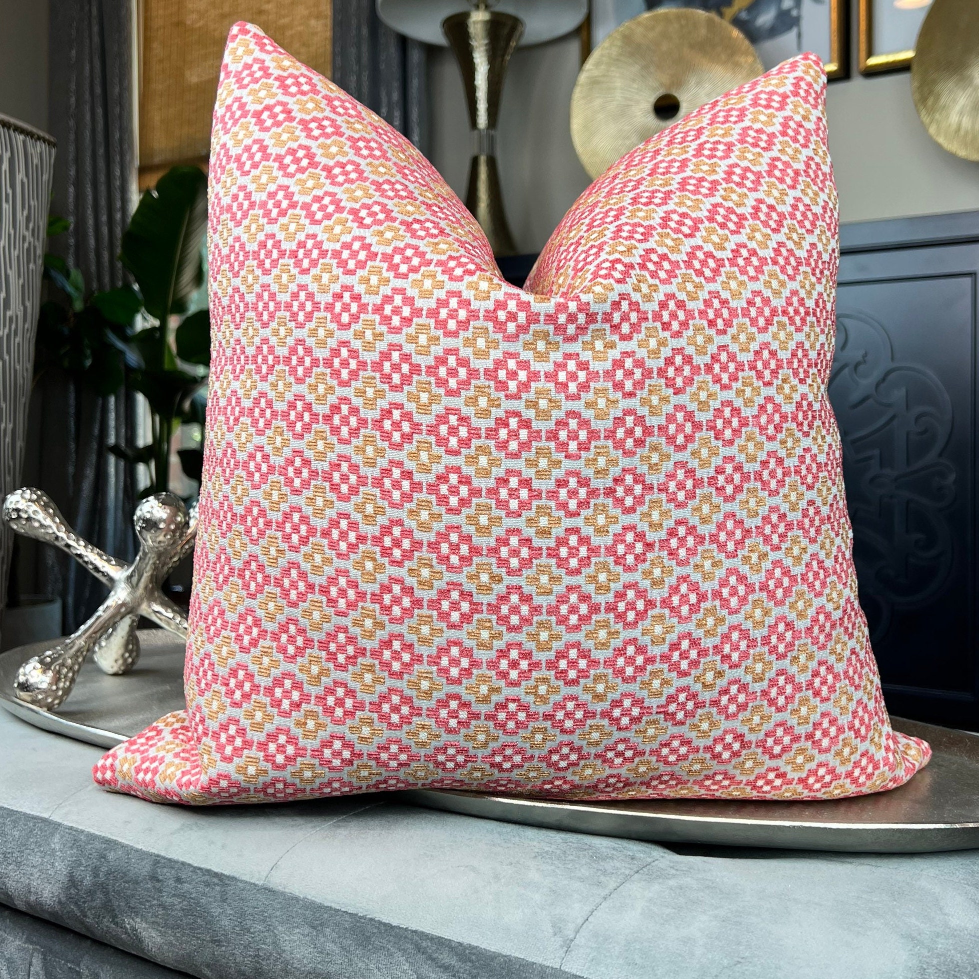 Geometric Pink Gold Chenille Decorative Pillow Cover Gold Etsy