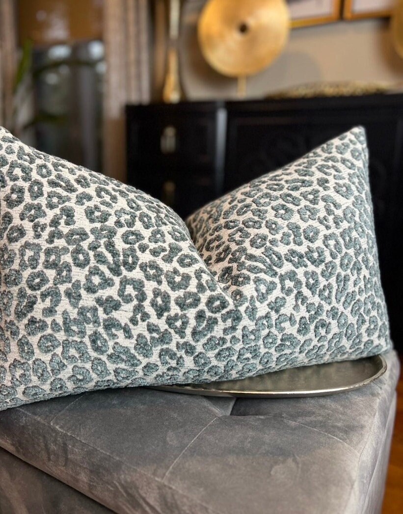 Jasper Teal-Green Chenille Animal Print Throw Pillow Cover, Decorative Chenille Pillow, Housewares Decor, Home Living, Pillow Decor, Couch