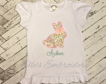 Vintage bunny shirt with bow, Girls Easter shirt, Easter bunny ruffle tee,