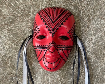 Hand Painted Red and Black Ceramic Mask with ribbon, One of a Kind Art, Limited Series