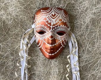 Hand Painted Copper and White Ceramic Mask with ribbon, One of a Kind Art, wall art