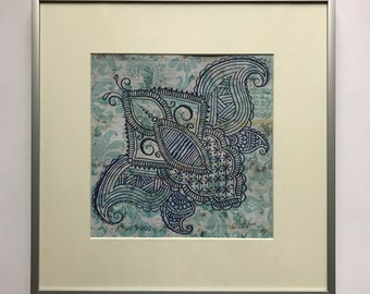 Special Edition: Meditation Mandala Hand Painted Henna Style Zentangle Butterfly Framed Art, One of a Kind