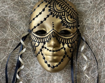 Hand Painted Ceramic Gold & Black Mask with ribbon, One of a Kind Art, Limited Seris