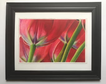 Free Shipping, Red Tulips Photo-Realistic Drawing, Framed, one of a kind!