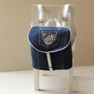 Navy blue Hobo backpack, Unique Denim backpack, Upcycle, Recycle Jeans, Festival bag, Shoulder bag, embroidery jean bag, Code: Cavalli-02