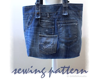 May include: A blue denim tote bag with multiple pockets and a distressed look. The bag is on a white mannequin. The text "sewing pattern" is at the bottom of the image.