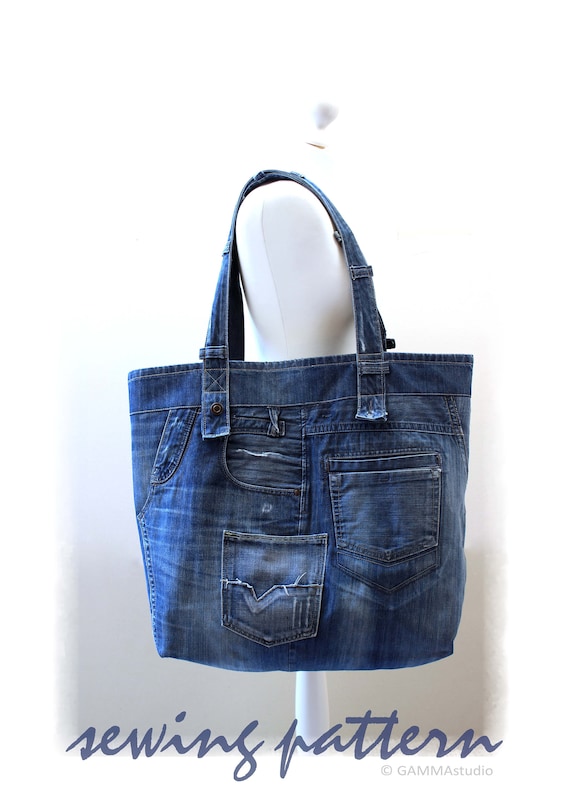 Handmade Large Hobo denim bag, Patchwork tote bag of jeans, Top handles  jean bag
