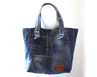 XXL Denim bag, Weekender bag, Festival bag, Beach bag, Recycle art, Jean Bag, Navy blue, Denim bag, Upcycle denim, Recycle denim, XXL-01