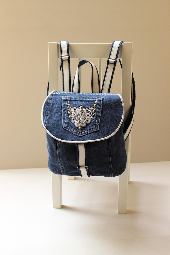Festival denim bag, Upcycle Hobo backpack, Unique Denim backpack, Recycle Jeans, Recycled art, Navy blue, embroidery bag, Code: Cavalli-03