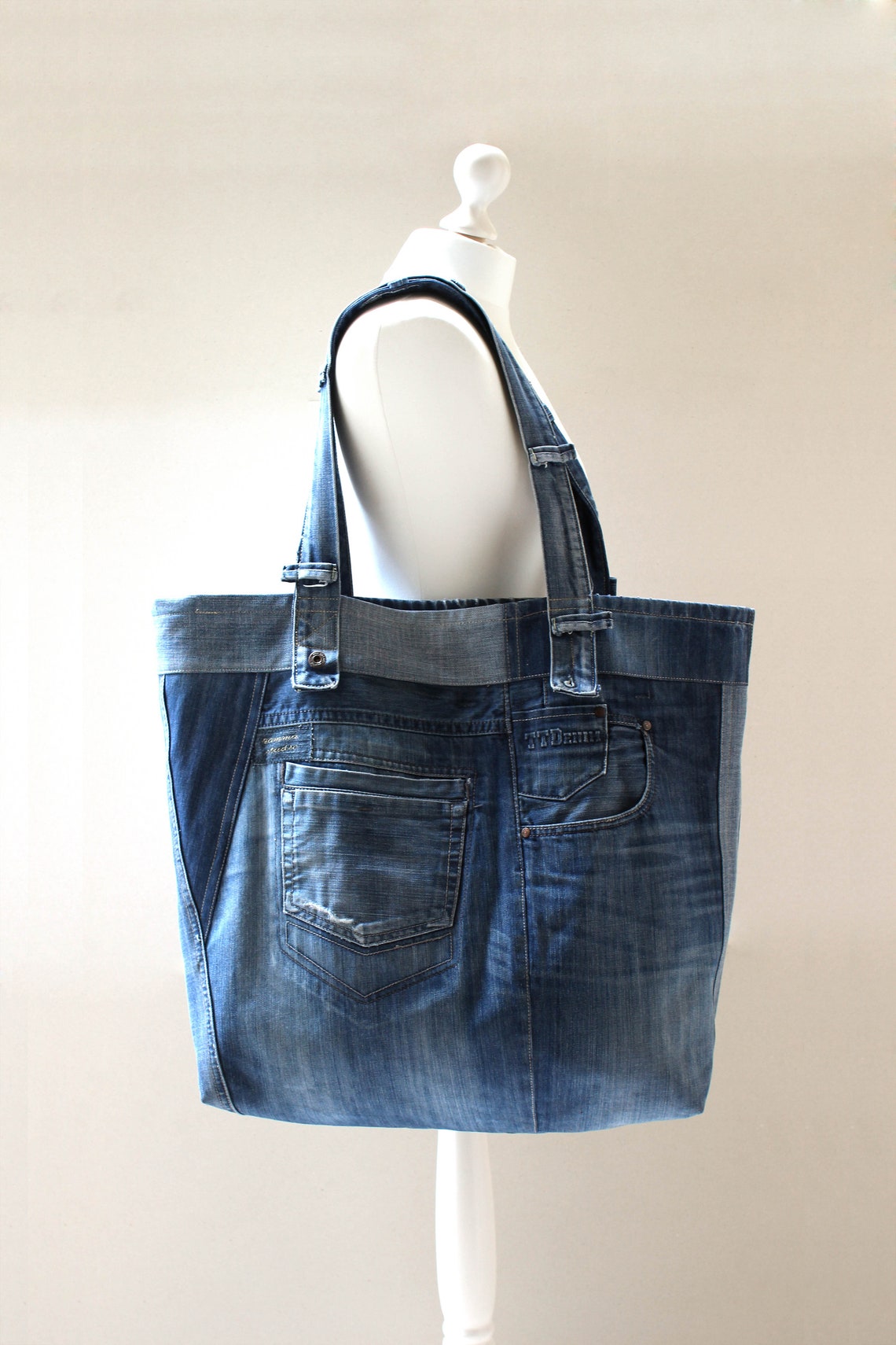 XXL Denim Bag, Weekender Bag, Festival Bag, Beach Bag, Recycle Art ...