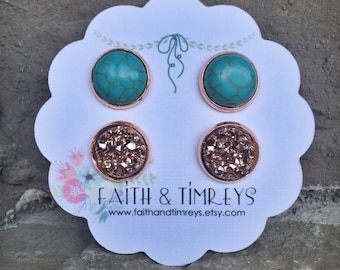 Turquoise and Rose Gold Earring set, Turquoise Earrings, Rose Gold Earrings, Druzy Earrings, Double Earrings, Handmade, Turquoise, Rose Gold