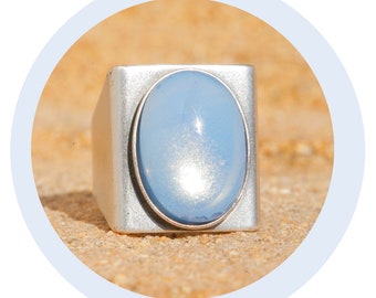 artjany Bague Cabochon ovale air opale bleu clair argent