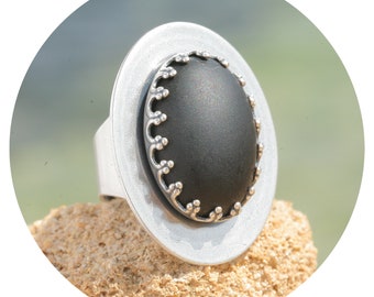 artjany ovaler Cabochon Ring schwarz silber