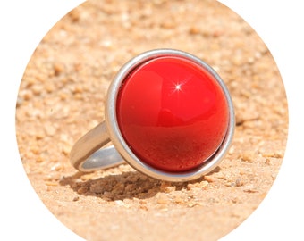 artjany Ring Cabochon rund coral red rot opaque silber