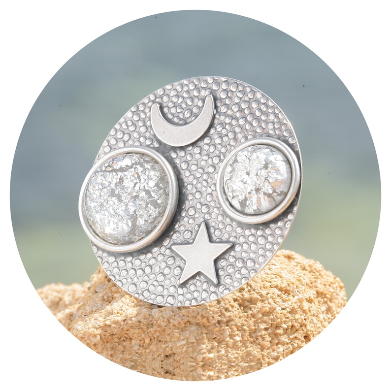 artjany moon stars cabochon ring round grey silver