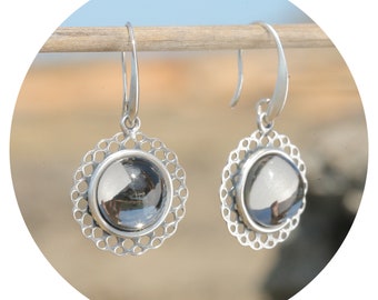 artjany earrings mandala long cabochon round black diamond silver
