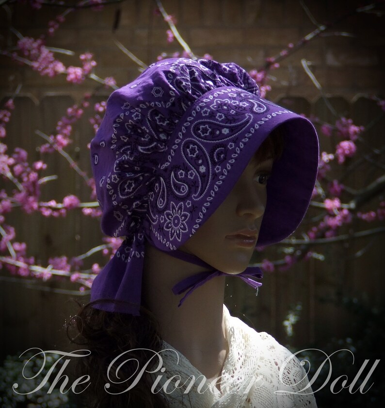 GIRLS Bonnet Purple Black Paisley Bandana Frontier Pioneer Reenactment Brim Long Neck cover