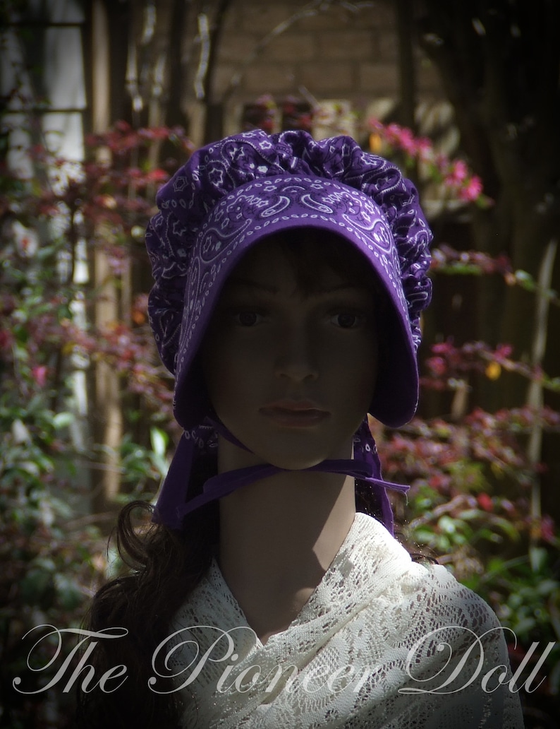 GIRLS Bonnet Purple Black Paisley Bandana Frontier Pioneer Reenactment Brim Long Neck cover