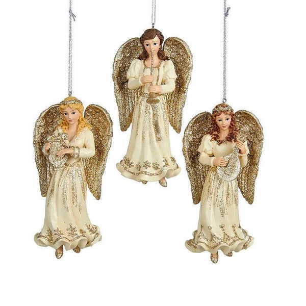 Set Of 3 Hand Painted 5.25" Resin Platinum Angel Xmas Ornaments C8957