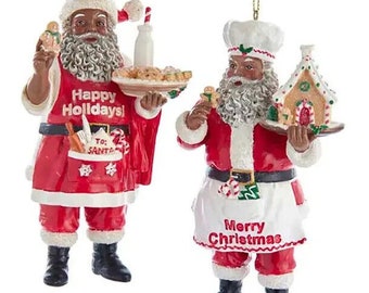 Kurt Adler Set Of 2 African American Santa Chef Baker Christmas Ornaments E0536