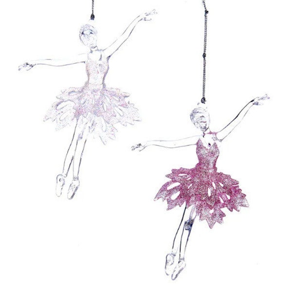 Set Of 2 Pink & White Acrylic Ballet Girl Ballerina Xmas Ornaments