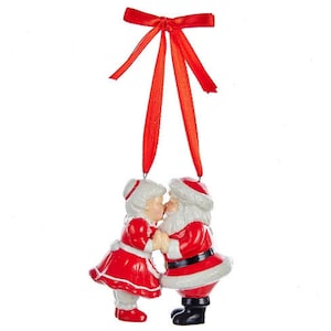 Kurt Adler Porcelain Santa & Mrs Claus Kissing W/Red Ribbon Hanger Xmas Ornament