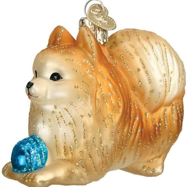 Old World Christmas Pomeranian Dog W/Ball Glass Christmas Ornament 12346