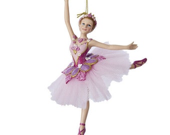 Sugar Plum Fairy Ballerina W/ Pink Tutu & Floral Design Xmas Ornament
