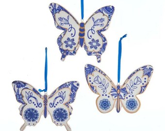 Kurt Adler Set Of 3 Hand Painted Porcelain Indigo Blue,White Butterfly Ornaments