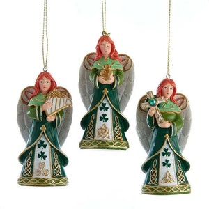 Set Of 3 Irish Angels Holding Harp, Jar & Cross Xmas Ornaments J7453