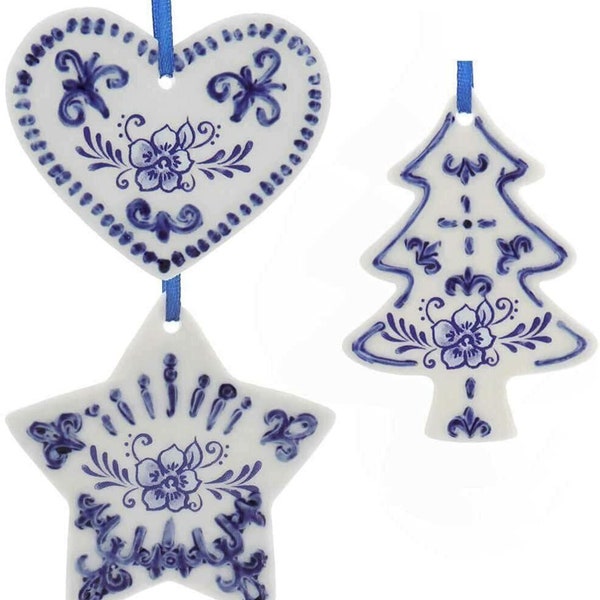 Set Of 3 Hand Painted Porcelain Delft Blue Heart,Tree,Star Ornaments