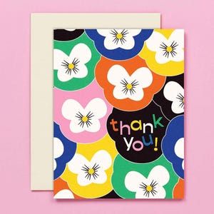 Tarjeta de agradecimiento con pensamientos en tecnicolor • Juego de tarjetas de agradecimiento con estampado floral retro de mediados de siglo • por @mydarlin_bk