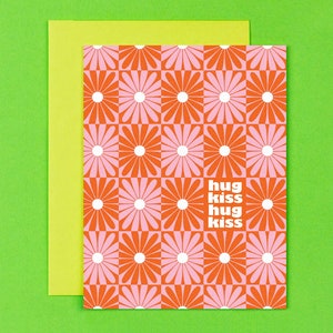 Hugs & Kisses Mod Daisy Pattern Floral Valentine's Day Card, Anniversary, Love, or Friendship Card • by @mydarlin_bk