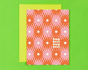 Hugs & Kisses Mod Daisy Pattern Floral Valentine's Day Card, Anniversary, Love, or Friendship Card • by @mydarlin_bk