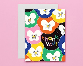 Technicolor Pansies Thank You Card • Midcentury Retro Flower Pattern Thank You Cards Set • by @mydarlin_bk