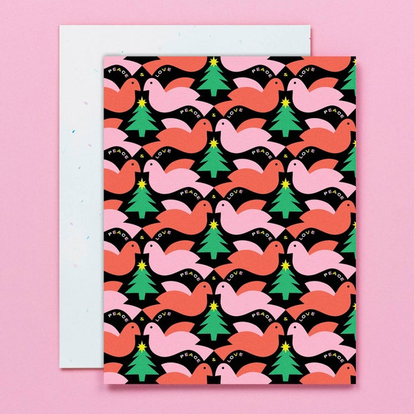 Peace & Love Doves • Peace Doves and Christmas Tree Pattern Holiday Cards or Christmas Card Set • by @mydarlin_bk