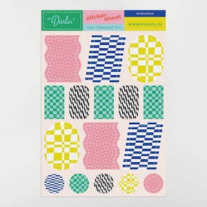 May include: A sheet of vinyl stickers featuring geometric patterns in pink, blue, green, black and yellow. The stickers are in various shapes, including circles, squares and rectangles. The sheet is labelled "sticker sheet" and "Vinyl, Waterproof, Fun".