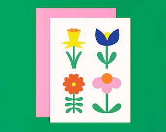 Gang of Fleurs No. 1 Blank Card, Four Flowers Minimal Botanical Blank Card • by @mydarlin_bk