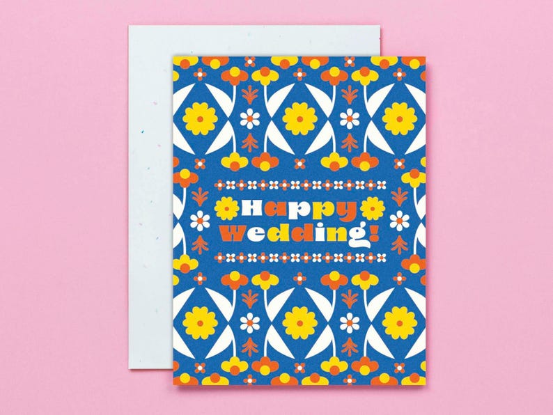 Carte de félicitations de mariage heureux motif floral rétro pour couple • Carte de douche de mariage • par @mydarlin_bk image 1