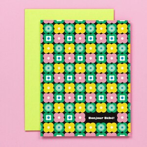 Tarjeta Bonjour Bebe, tarjeta retro floral para baby shower o tarjeta para recién nacido • por @mydarlin_bk