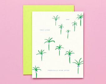 Tropically Ever After • Palmiers flottants Carte de félicitations de mariage tropical, carte d'anniversaire ou carte d'amour • par @mydarlin_bk