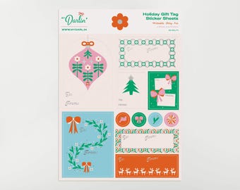 Silver Foil Holiday Gift Tag Sticker Sheet Set • Variety Pack of 22 Festive Retro Floral Writeable Stickers for Christmas Gifts and Presents